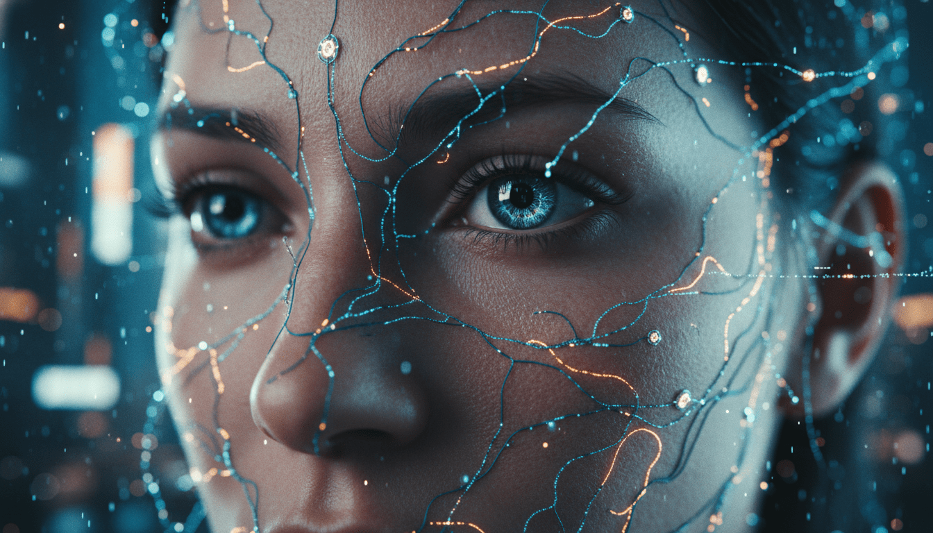 Representación abstracta de la identidad digital humana y la ciberseguridad mediante partículas de luz y datos