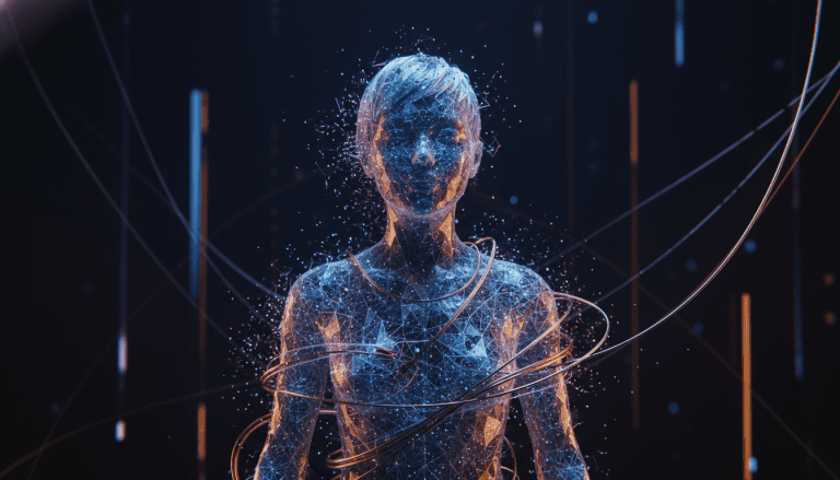 Representacion artistica de un avatar digital compuesto por poligonos y luz en el metaverso simbolizando la identidad virtual.