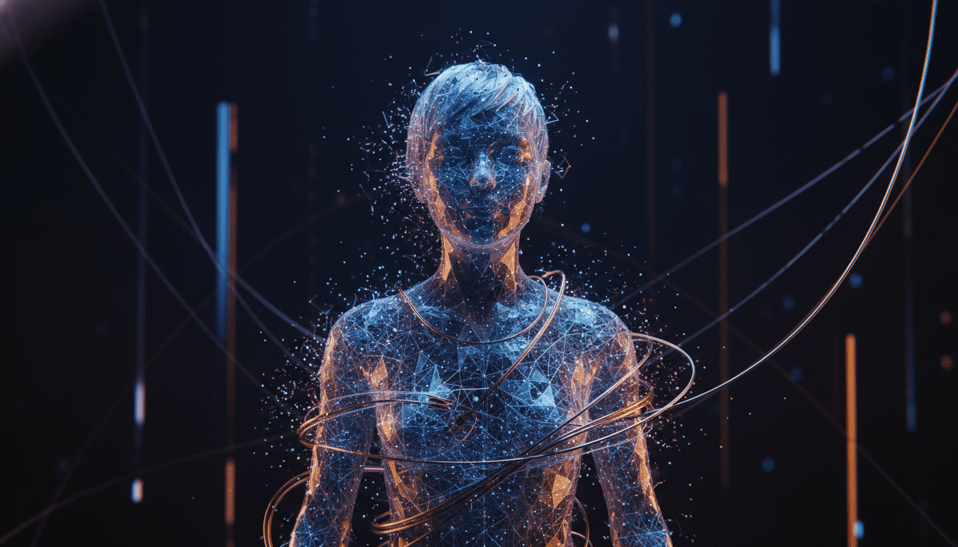 Representacion artistica de un avatar digital compuesto por poligonos y luz en el metaverso simbolizando la identidad virtual.