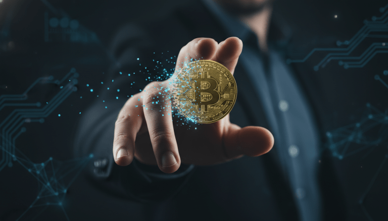 Mano humana intentando atrapar una moneda digital que se desintegra representando el fraude financiero y la vulnerabilidad digital.