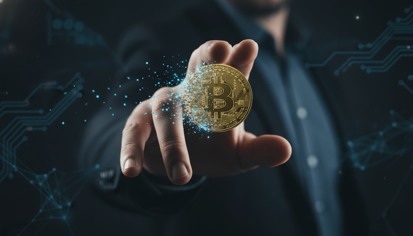 Mano humana intentando atrapar una moneda digital que se desintegra representando el fraude financiero y la vulnerabilidad digital.