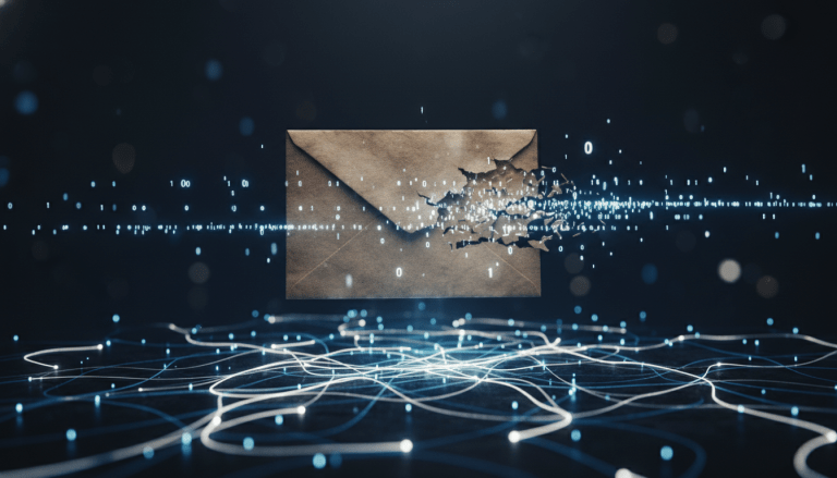 Sobre de papel flotando sobre red digital de fibra óptica representando la vulnerabilidad de la privacidad en Internet