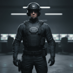 Guardia de seguridad profesional con uniforme táctico de alta calidad en un centro de control