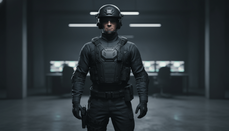 Guardia de seguridad profesional con uniforme táctico de alta calidad en un centro de control