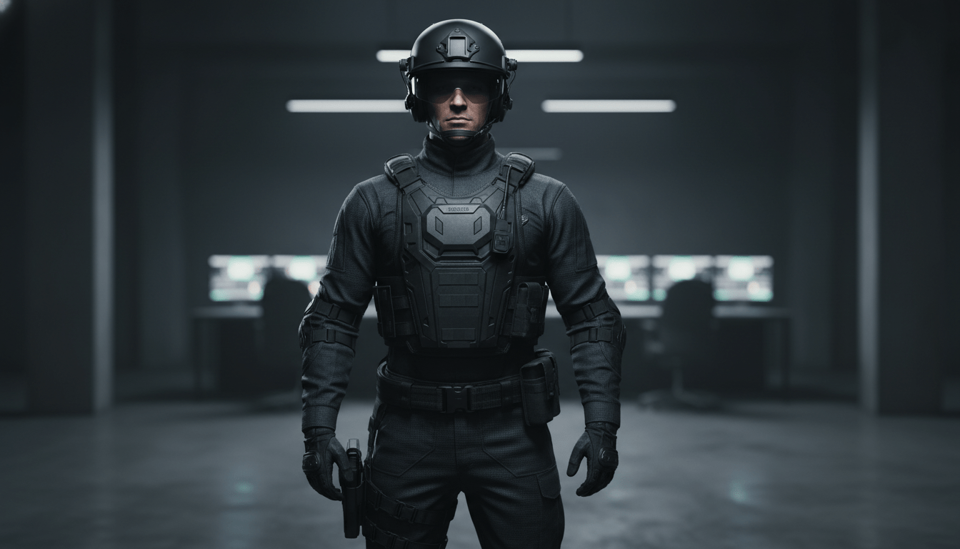 Guardia de seguridad profesional con uniforme táctico de alta calidad en un centro de control