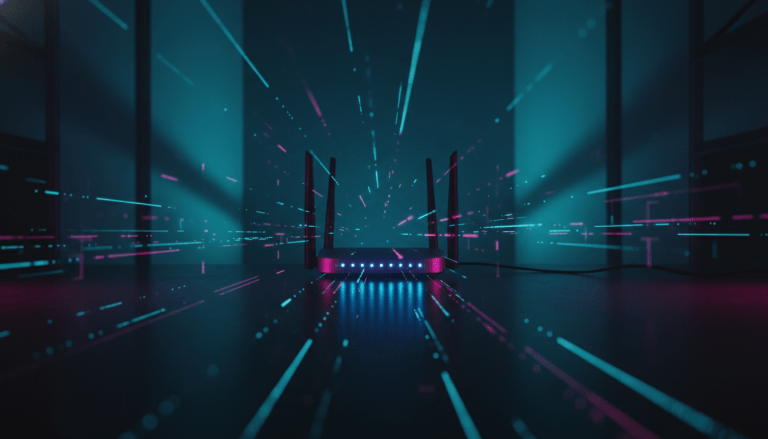 Router doméstico emitiendo haces de luz de datos distorsionados representando un ataque de secuestro de DNS