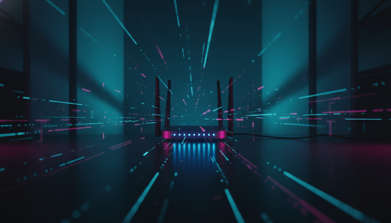 Router doméstico emitiendo haces de luz de datos distorsionados representando un ataque de secuestro de DNS