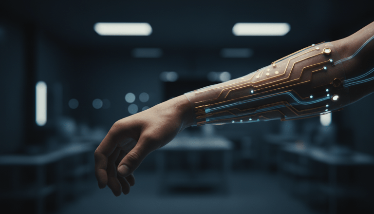 Tecnología integrada en la piel humana representando transhumanismo y riesgos de ciberseguridad.