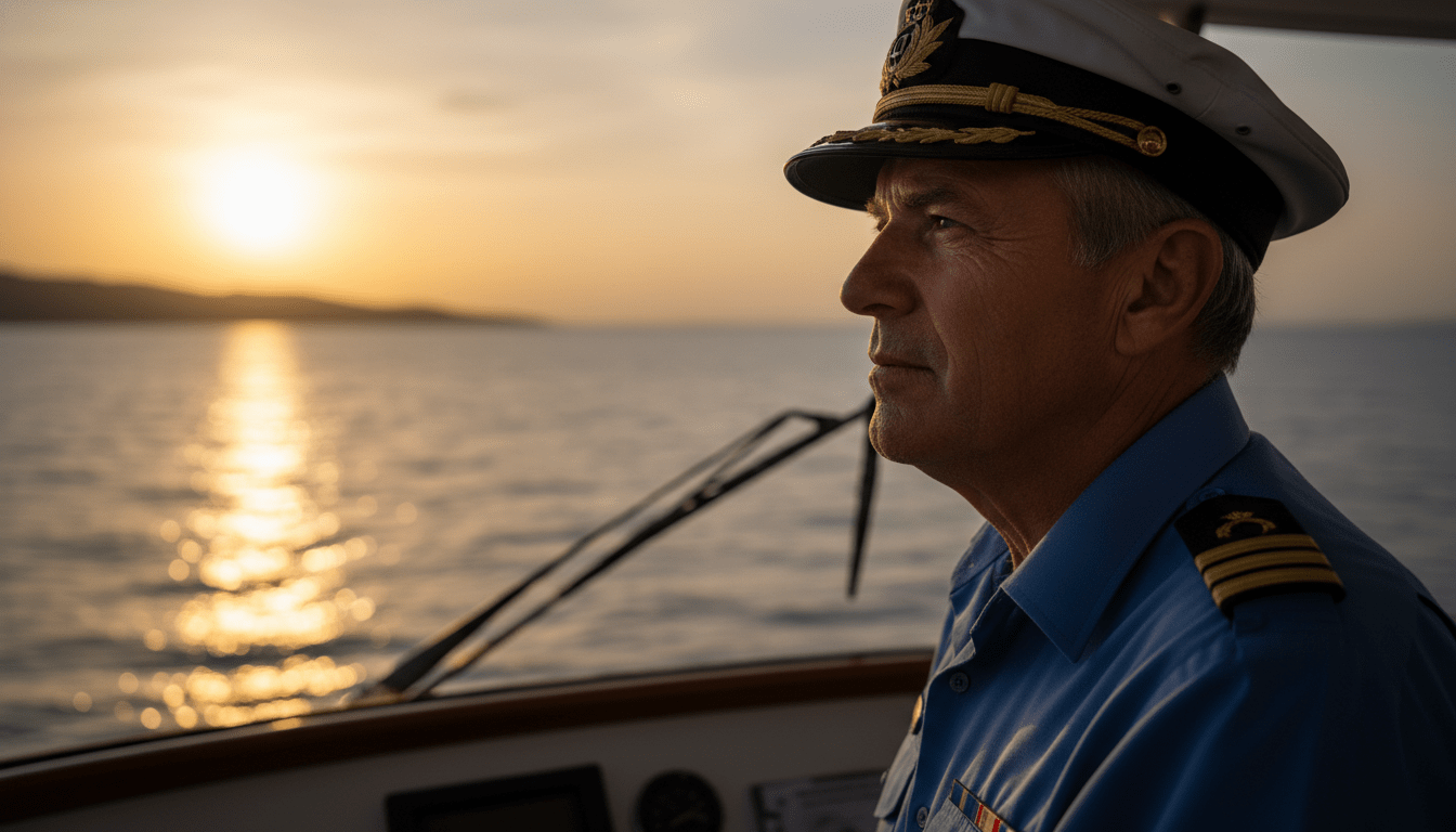 Capitán de yate observando el horizonte con actitud reflexiva y profesional en alta mar