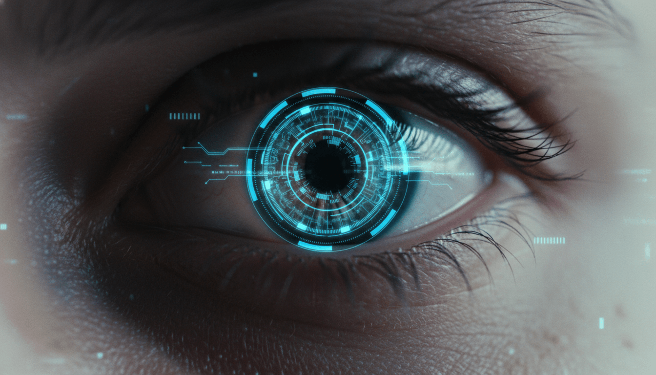Primer plano de un ojo humano con escaneo biométrico digital representando la seguridad de los datos