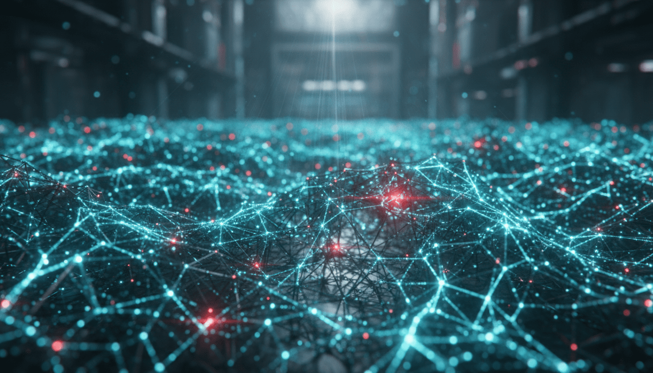 Red de sensores IoT interconectados con nodos digitales brillantes representando vulnerabilidades en infraestructura inteligente.