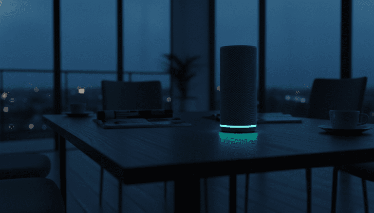 Altavoz inteligente de diseño minimalista con luz LED en un ambiente moderno y oscuro que representa la privacidad digital.