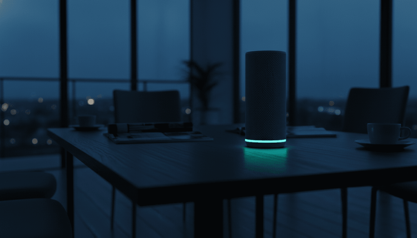 Altavoz inteligente de diseño minimalista con luz LED en un ambiente moderno y oscuro que representa la privacidad digital.