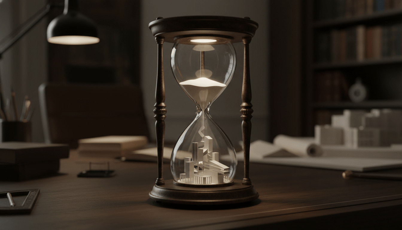 Reloj de arena con estructuras arquitectónicas representando la longevidad empresarial y la institucionalización