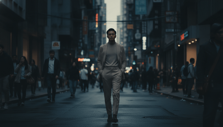 Persona caminando desapercibida entre la multitud en una ciudad moderna como técnica de seguridad urbana.