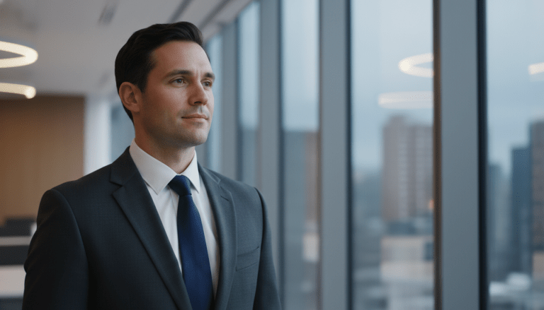 Ejecutivo de seguridad profesional transmitiendo tranquilidad y confianza en una oficina moderna
