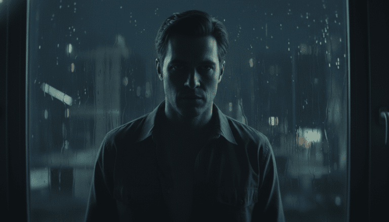 Persona observando a través de una ventana en una noche oscura representando el perfil psicológico del acoso