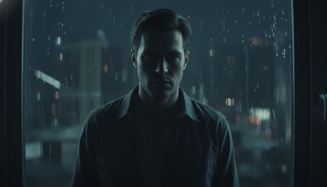 Persona observando a través de una ventana en una noche oscura representando el perfil psicológico del acoso