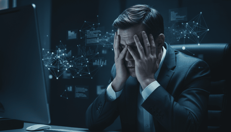 Hombre estresado frente a un ordenador sufriendo ciberacoso y extorsión digital.