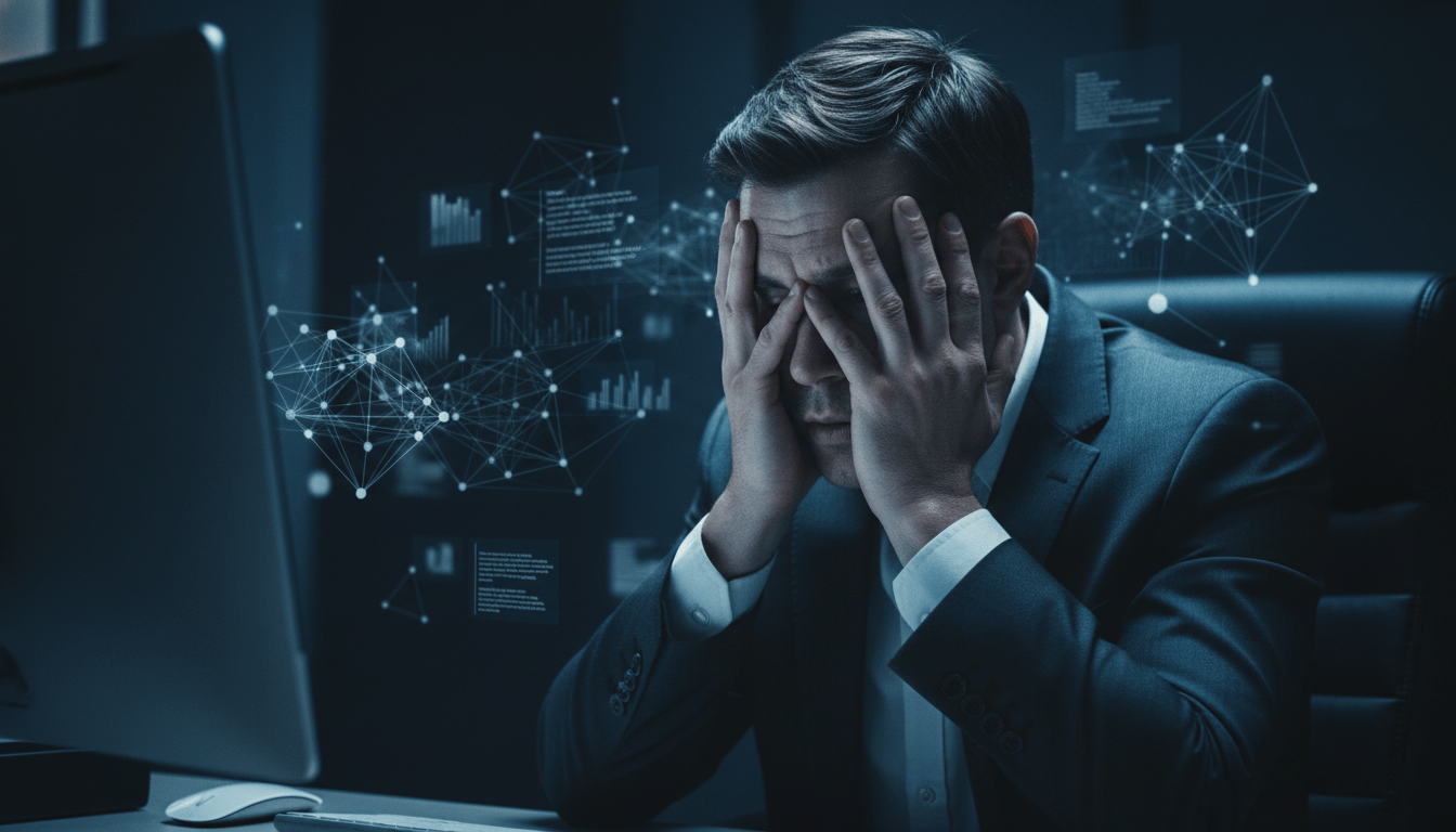 Hombre estresado frente a un ordenador sufriendo ciberacoso y extorsión digital.