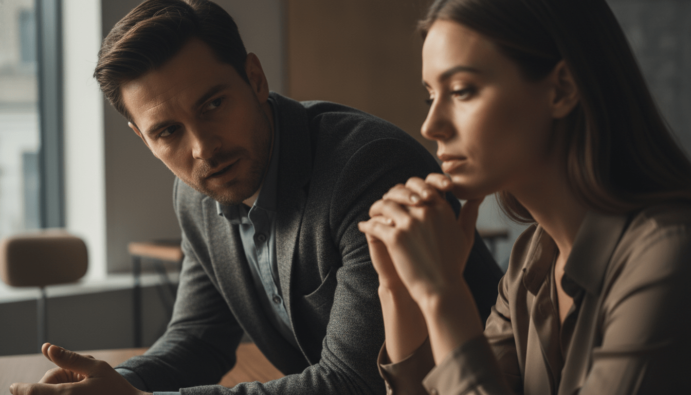 Líder de seguridad profesional manteniendo una conversación honesta y difícil con un colaborador en una oficina.