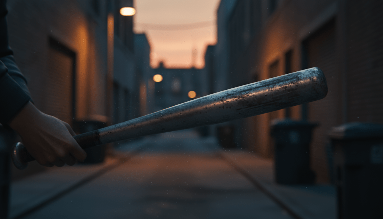 Primer plano dramático de un bate de metal en un entorno urbano simulando una amenaza de defensa personal
