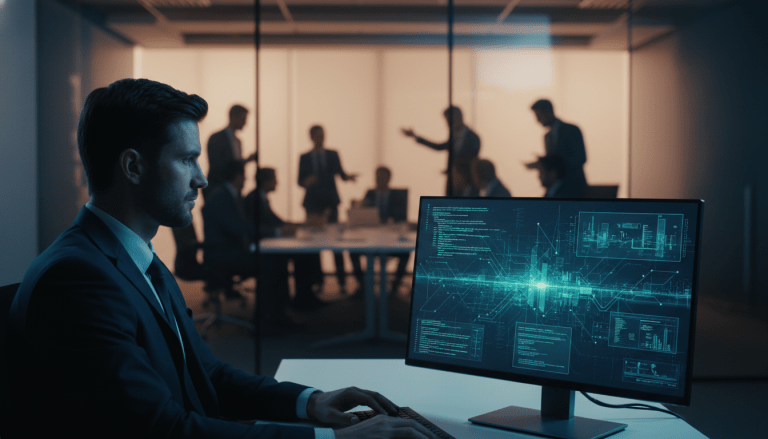 Profesional de seguridad analizando redes frente a un equipo de trabajo en oficina moderna