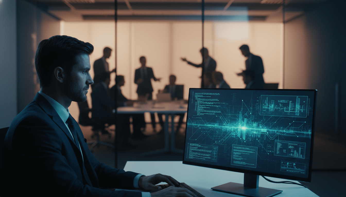 Profesional de seguridad analizando redes frente a un equipo de trabajo en oficina moderna