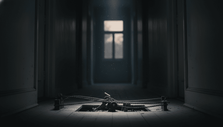 Mecanismo de trampa casera en un pasillo oscuro representando riesgos legales y seguridad en el hogar.