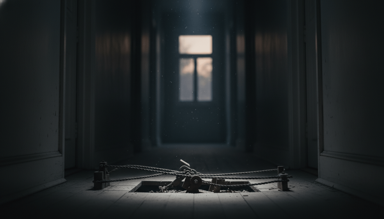 Mecanismo de trampa casera en un pasillo oscuro representando riesgos legales y seguridad en el hogar.