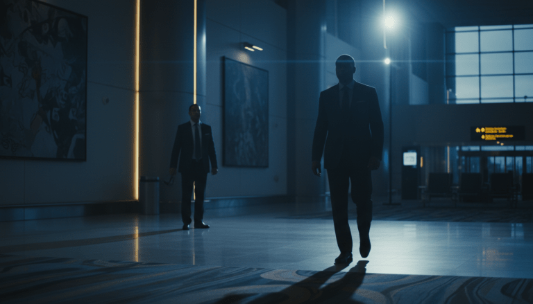 Figura de alto perfil bajo vigilancia discreta en un entorno de lujo, representando la seguridad ejecutiva invisible.