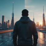 Viajero moderno contemplando una ciudad inteligente y segura, representando la gestión de riesgos y seguridad turística en 2026.