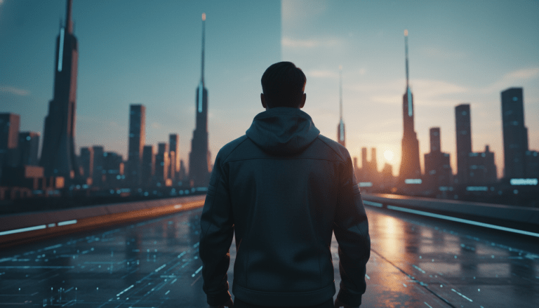 Viajero moderno contemplando una ciudad inteligente y segura, representando la gestión de riesgos y seguridad turística en 2026.