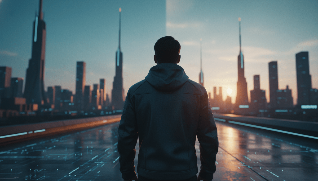 Viajero moderno contemplando una ciudad inteligente y segura, representando la gestión de riesgos y seguridad turística en 2026.