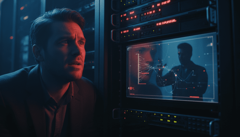 Profesional de TI observando un servidor fallido, ilustrando el concepto de ingeniería social inversa y ciberseguridad