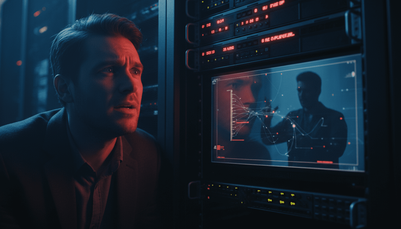 Profesional de TI observando un servidor fallido, ilustrando el concepto de ingeniería social inversa y ciberseguridad