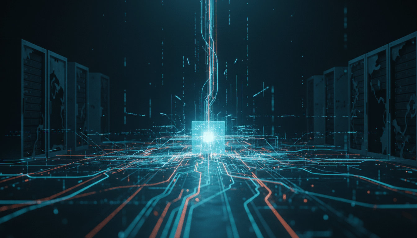 Concepto visual de infraestructura como código con red de datos digital reemplazando servidores físicos.