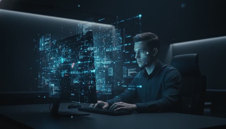 Usuario frente a pantalla iluminada por nodos de datos y rastreadores digitales invisibles