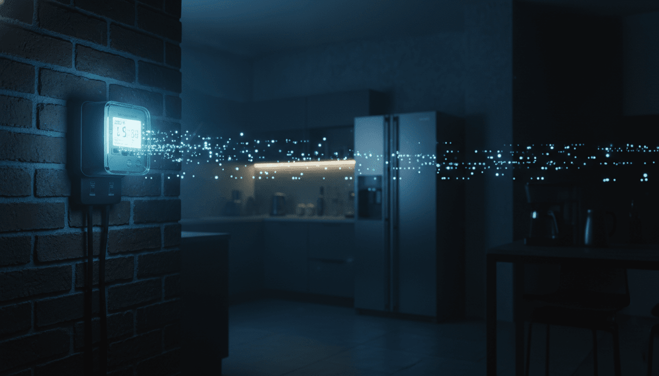 Contador eléctrico inteligente emitiendo flujos de datos digitales en un hogar oscuro representando la monitorización de carga