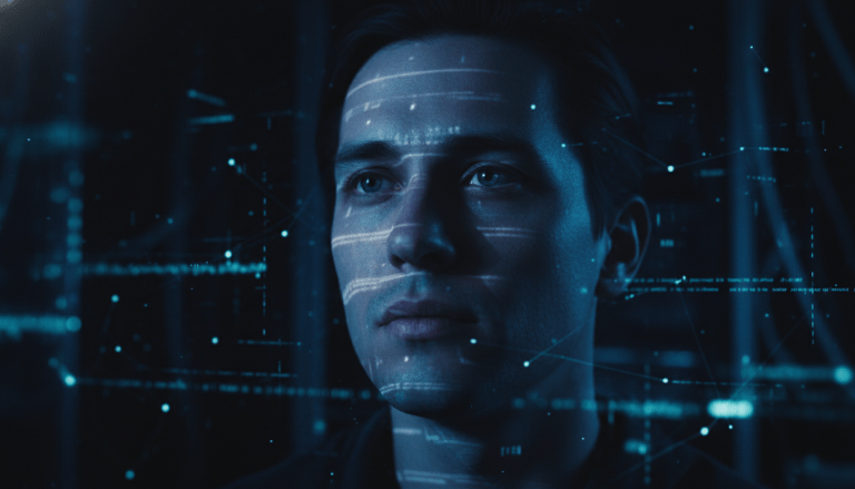 Persona observada por vigilancia digital invisible en un entorno doméstico oscuro