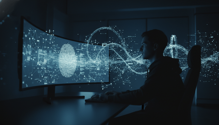 Concepto visual de vigilancia digital y huella del navegador en un entorno oscuro