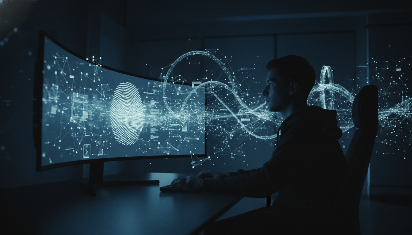 Concepto visual de vigilancia digital y huella del navegador en un entorno oscuro