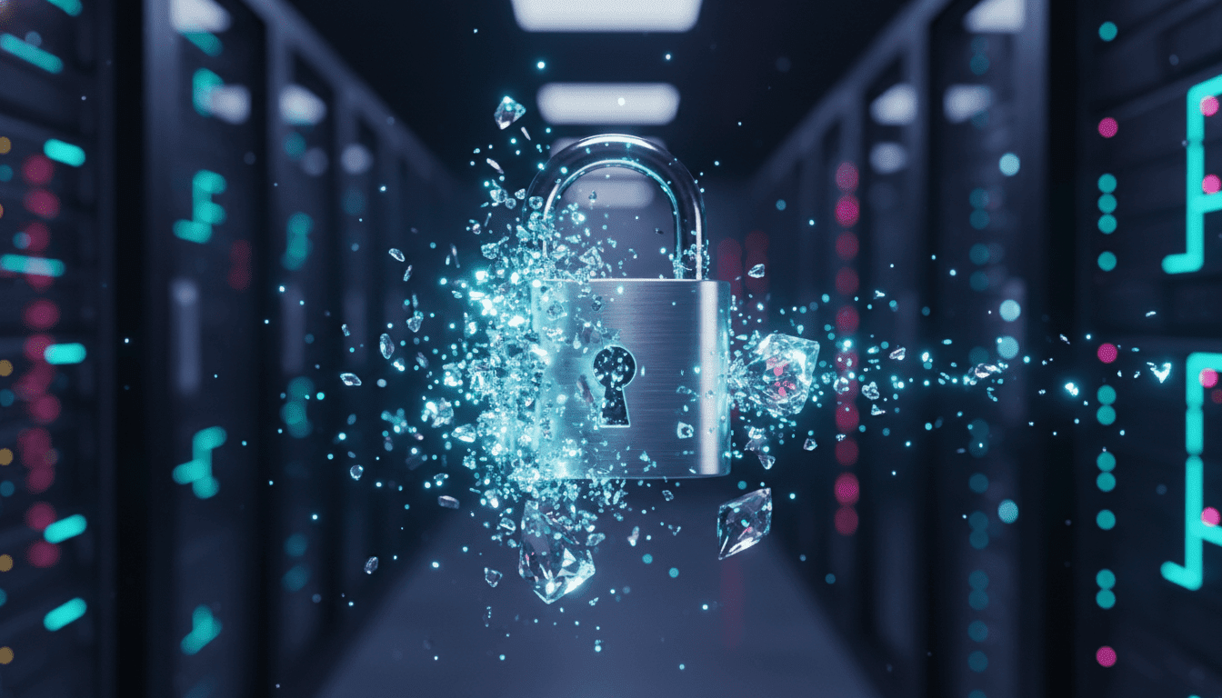 Concepto visual de seguridad digital y criptografia cuantica representada por un candado de cristal fragmentandose