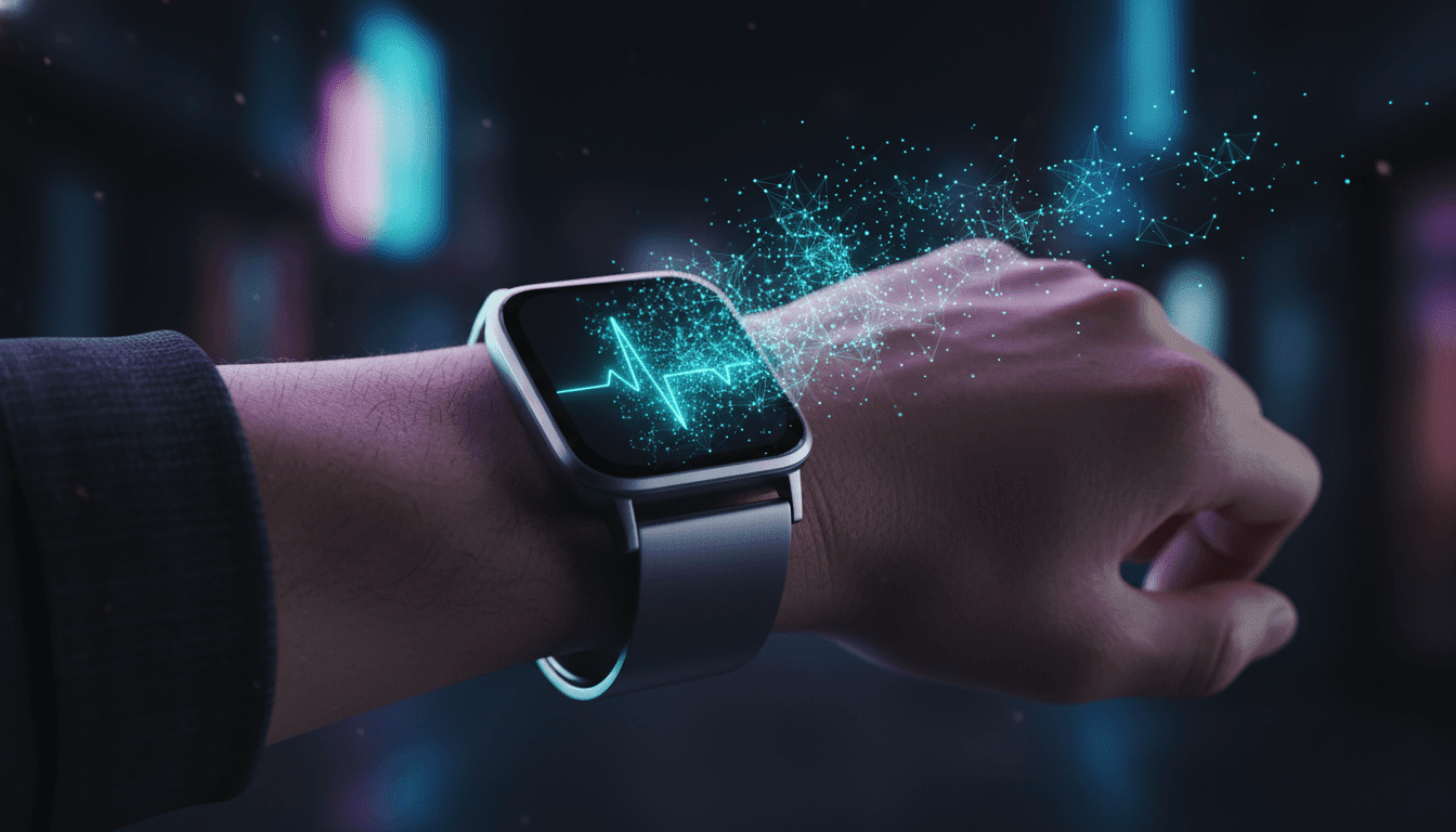 Reloj inteligente moderno en una muñeca con una visualización abstracta de fuga de datos biométricos y ciberseguridad.