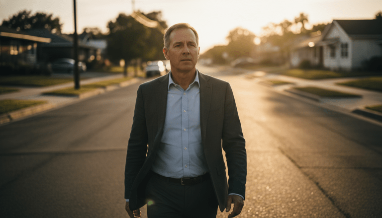 Politico local caminando solo por la calle representando la vulnerabilidad y exposicion en la seguridad publica.