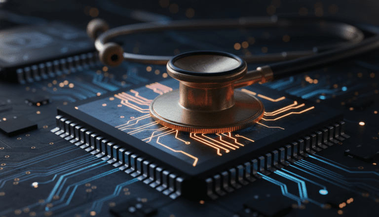 Primer plano macro de un procesador de computadora siendo analizado por un estetoscopio representando un ataque de canal lateral