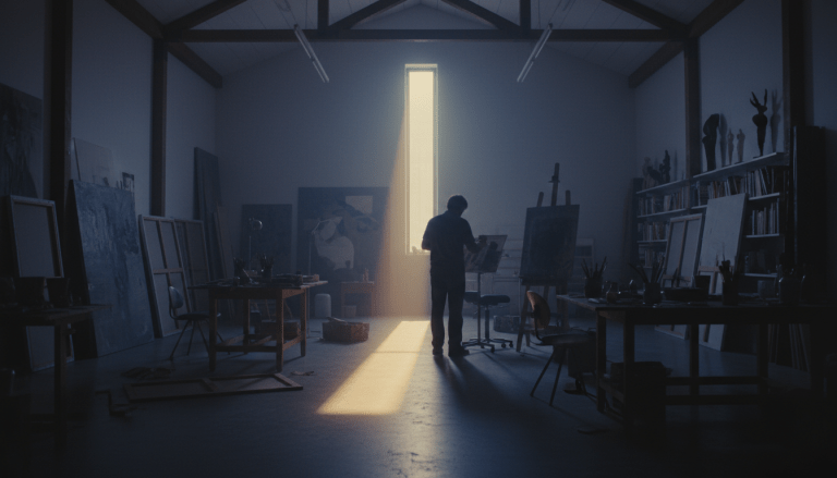 Artista trabajando en la penumbra de un estudio privado, representando la vulnerabilidad y la seguridad creativa.