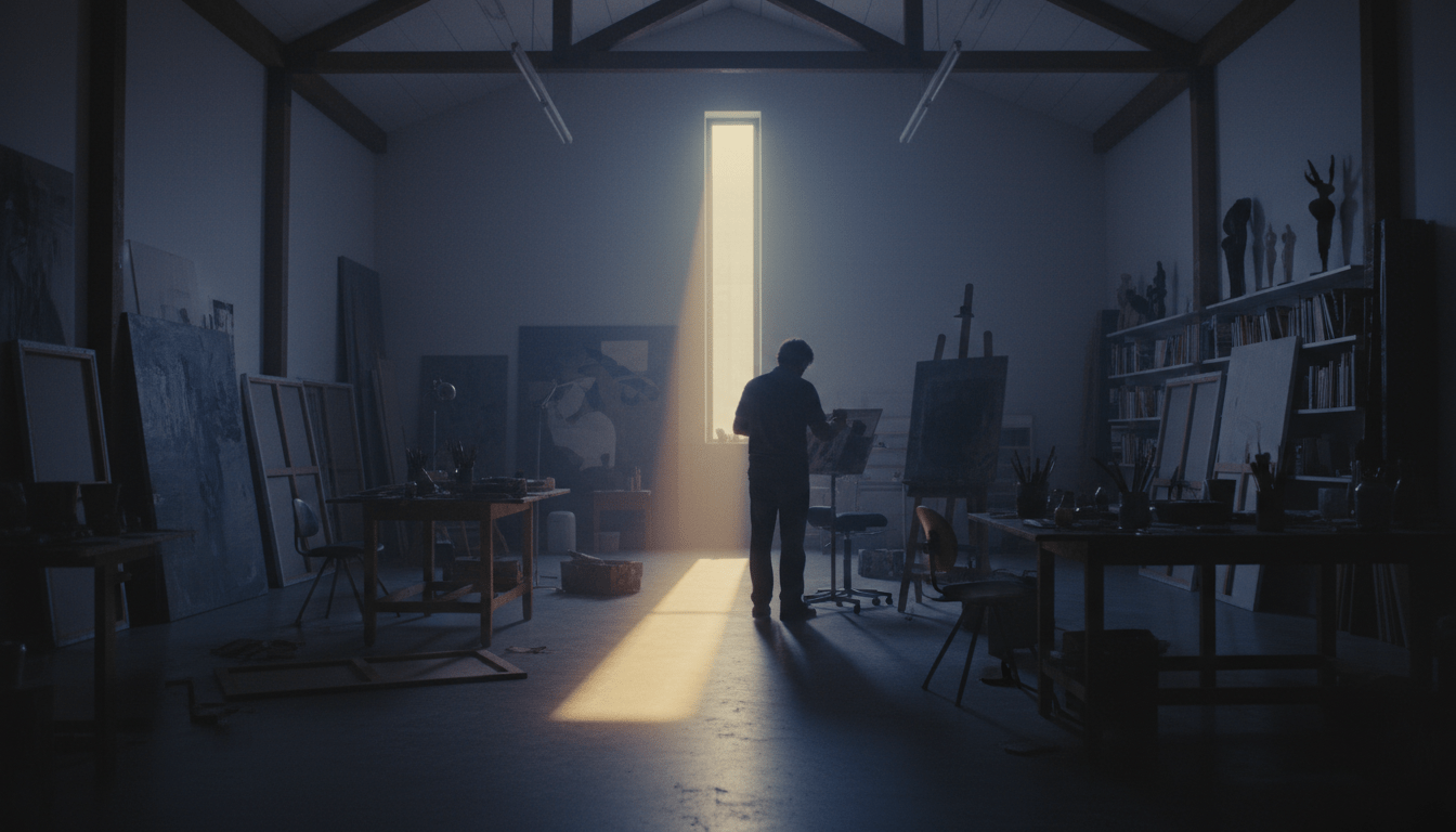 Artista trabajando en la penumbra de un estudio privado, representando la vulnerabilidad y la seguridad creativa.