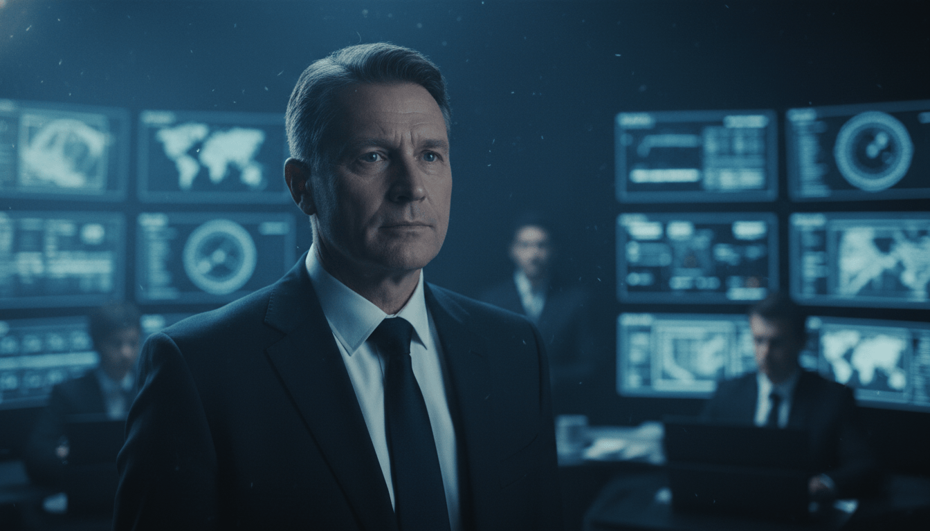 Líder de seguridad gestionando una crisis en un centro de control de alta tecnología bajo presión.