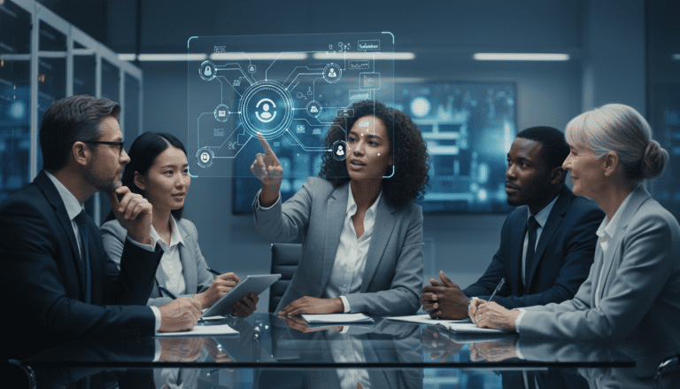Equipo multidisciplinario colaborando en una estrategia de ciberseguridad en entorno de oficina moderno.